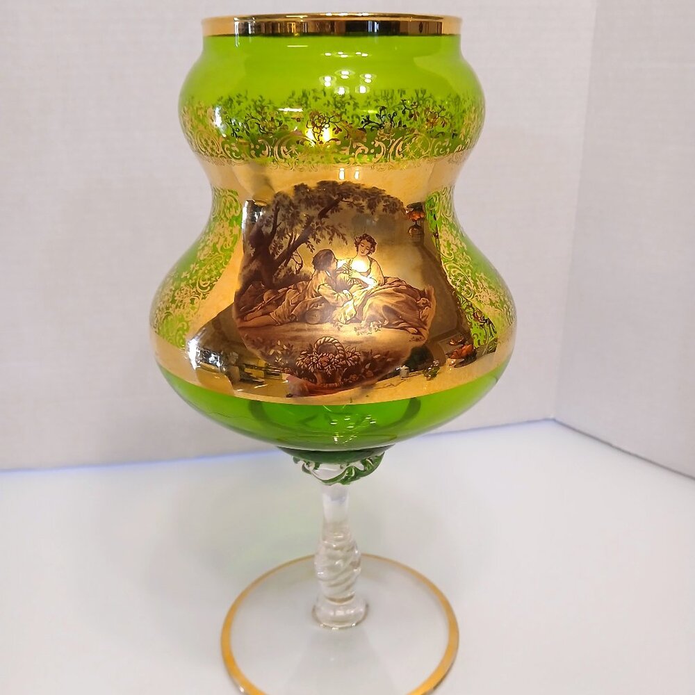 Vintage Handblown Glass Green Vase Compote Victorian Hand Painted Gold Gilt 12"